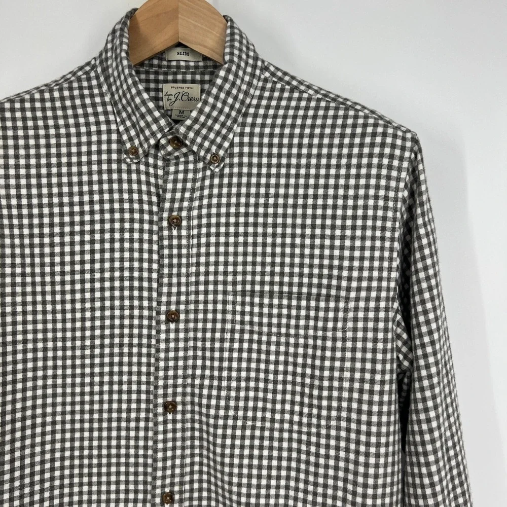 J.Crew Brushed‎ Twill Slim Fit Button Down LS Shirt Mens Size M Gray White Check